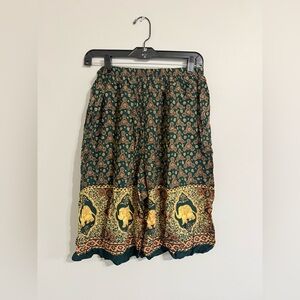 VINTAGE: Bohemian Green Elephant Print Bermuda Shorts